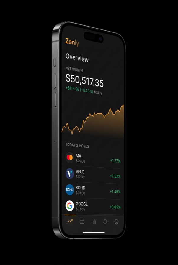 A phone showing Zenly's overview: net worth of $50,517.35 up 0.23% on the day, an intraday portfolio chart, and a list of today's biggest movers.